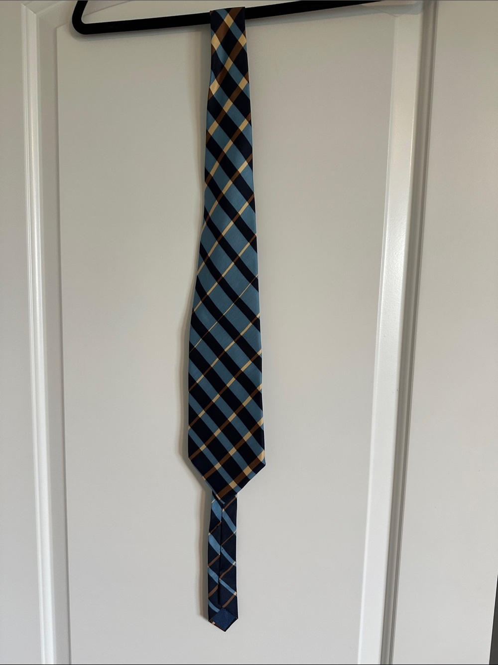 Vintage Christian Dior men’s Plaid Tie in Navy, Light Blue and Gold, silk